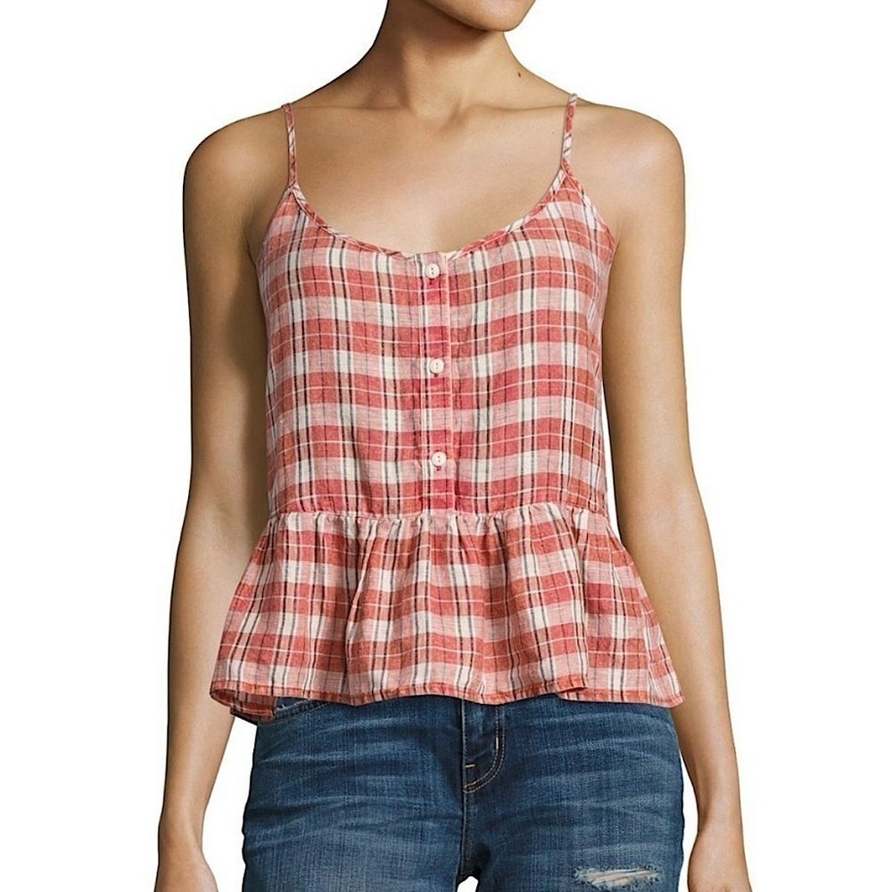 NWT Current/Elliott Linen The Workwear Peplum Top Redwood Plaid Red Pink‎ Size 2